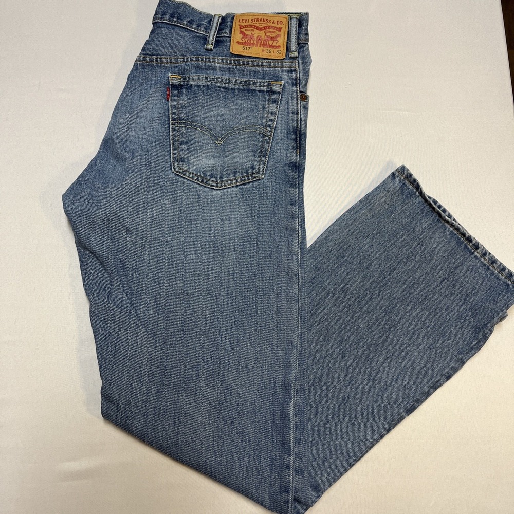 Levis 517 Jeans Mens 36x32 Blue Bootcut Distressed Denim Frayed Hem Faded